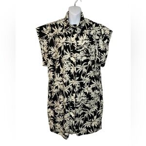 (nude) Italy Button Front Short Sleeve Tropical Black Cream Shirt Dress 44/US 8